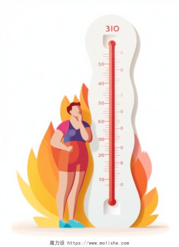 炎热夏天女性和温度计火焰背景高暖色调扁平剪纸风格插画